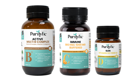 Purityfic Halal Australia Complete Combo Active & Productive Daily Vitamins (3 bottles) _ High Strength Vitamin C Multi B Complex Vitamin D3