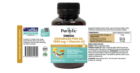 Purityfic Omega Odourless Fish Oil + Vitamin D3 60 soft gels_Healthy Heart, Brain, Eye, and Supports Bone  Health