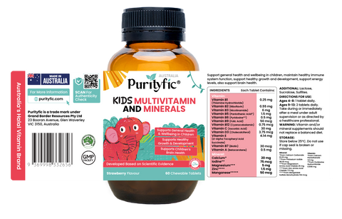 Purityfic Kids Multivitamin And Minerals 60 chewable tablets_ Healthy Growth Fussy Eater Teeth Bones Brain  Chewable Tablet Strawberry Flavour