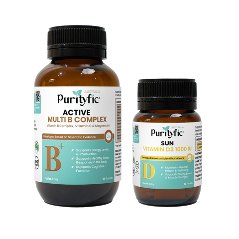 Purityfic Halal Australia Gym Active Vitamin Combo (2 bottles) _ Multi B Stress Relief Vitamin D3