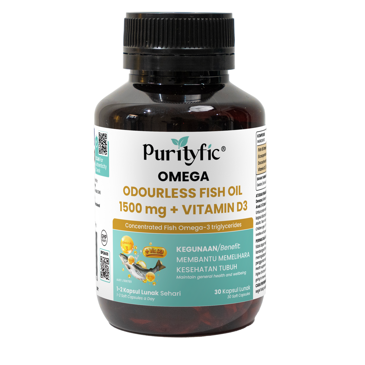 Purityfic Omega  High Strength Odourless Fish Oil + Vitamin D3_30 soft gels_Healthy Heart, Brain, Eye, and Supports Bone  Health