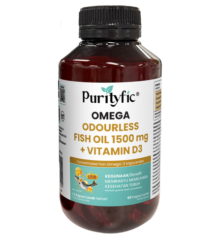 Purityfic Omega Odourless Fish Oil + Vitamin D3 60 soft gels_Healthy Heart, Brain, Eye, and Supports Bone  Health